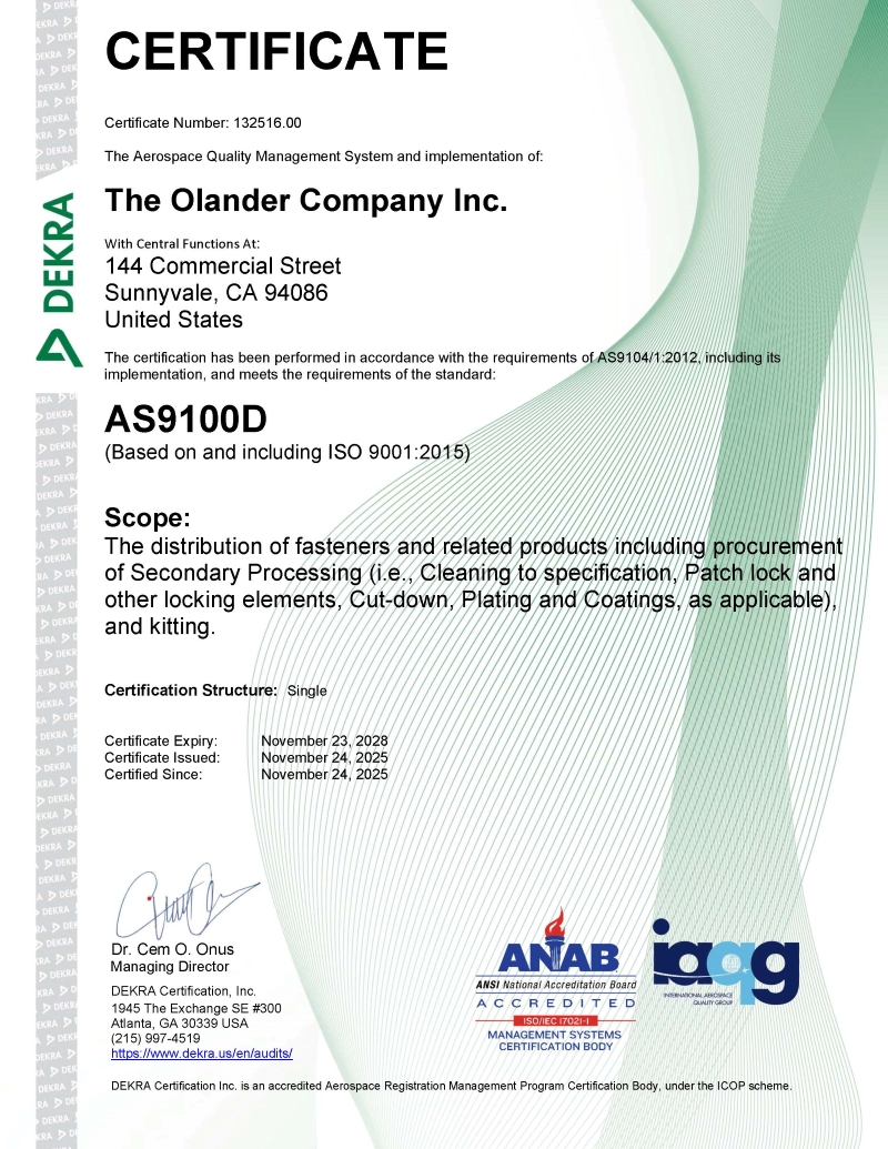 AS9100 Certification - The Olander Company